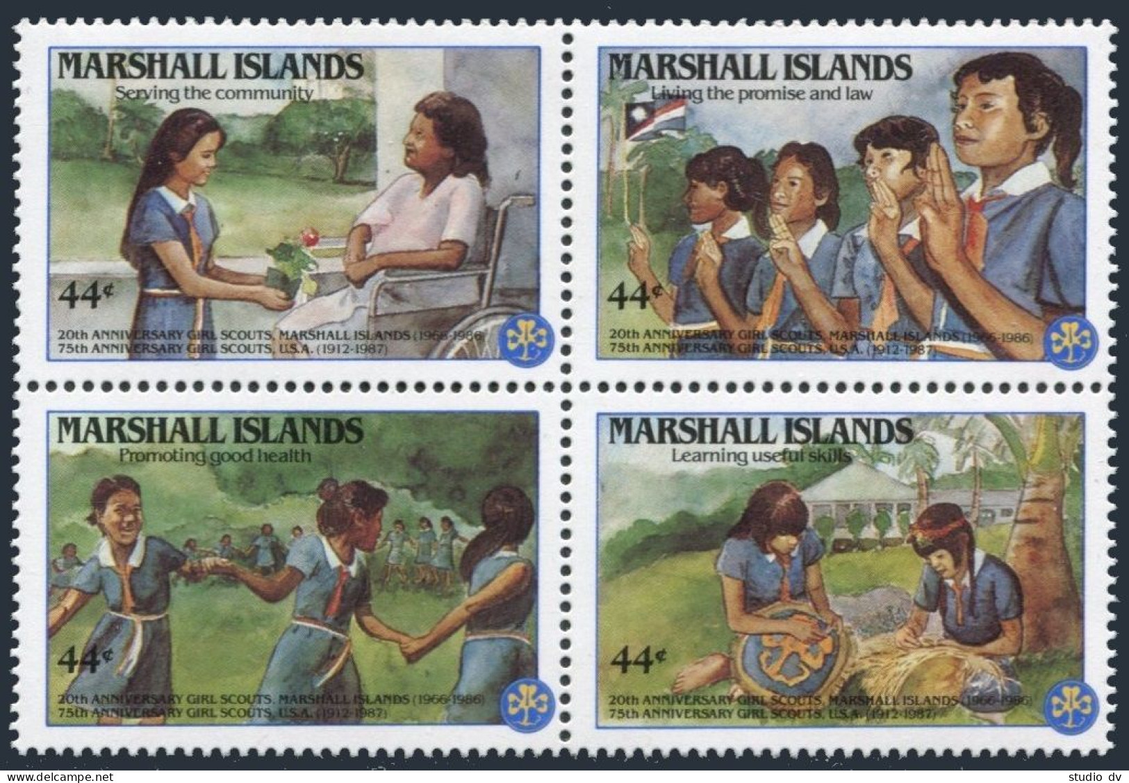 Marshall C9-C12a Block, MNH. Mi 105-108. Girl Scout Movement, 20th Ann. 1986. - Marshall