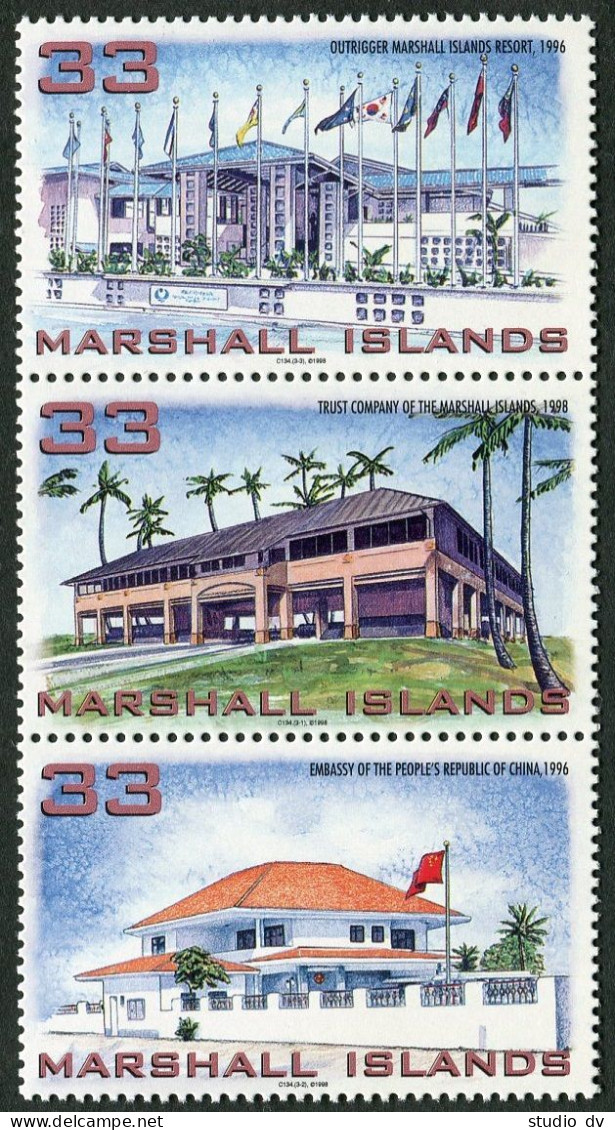 Marshall 669 Ac Strip,MNH.Michel 1059-1061. 1998.New Buildings.Flags. - Islas Marshall