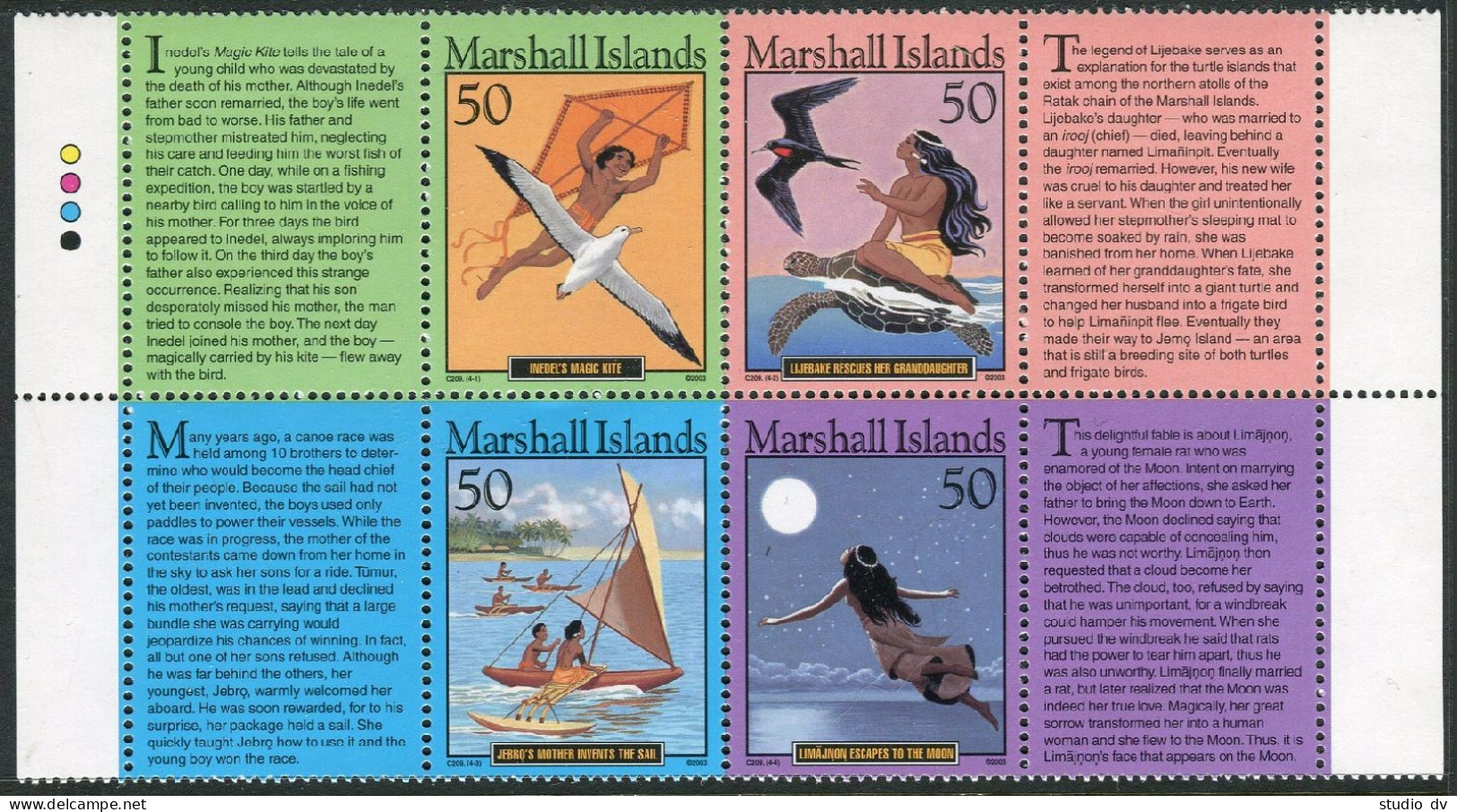 Marshall 816 Ad/4 Labels Block,MNH. Folktales 2003. Birds, Turtle, Canoe. - Islas Marshall