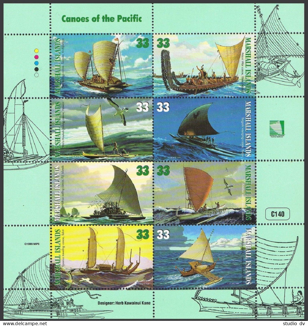 Marshall 690 Ah Sheet, MNH. Mi 1120-1127 Klb. Canoes Of The Pacific, 1999. Birds - Marshall