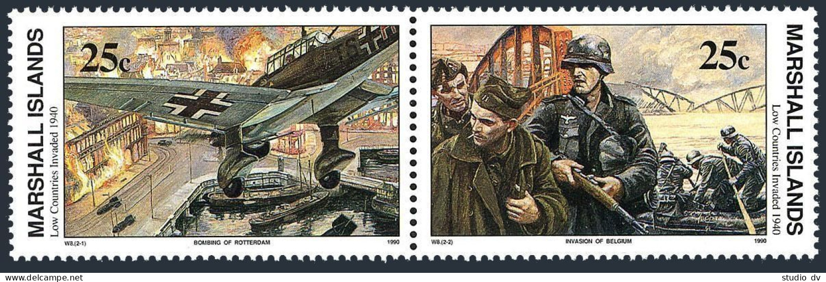 Marshall 249-250a Pair,MNH.Mi 303-304. WW II,Invasion Of The Low Countries,1990. - Marshall