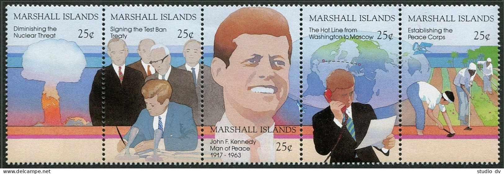 Marshall 200-204a Strip, MNH. Michel 194-198. Tribute To John F.Kennedy, 1988. - Islas Marshall