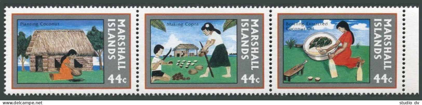 Marshall 157-159a Strip, MNH. Michel 139-141. Copra Industry, 1987. - Marshall Islands