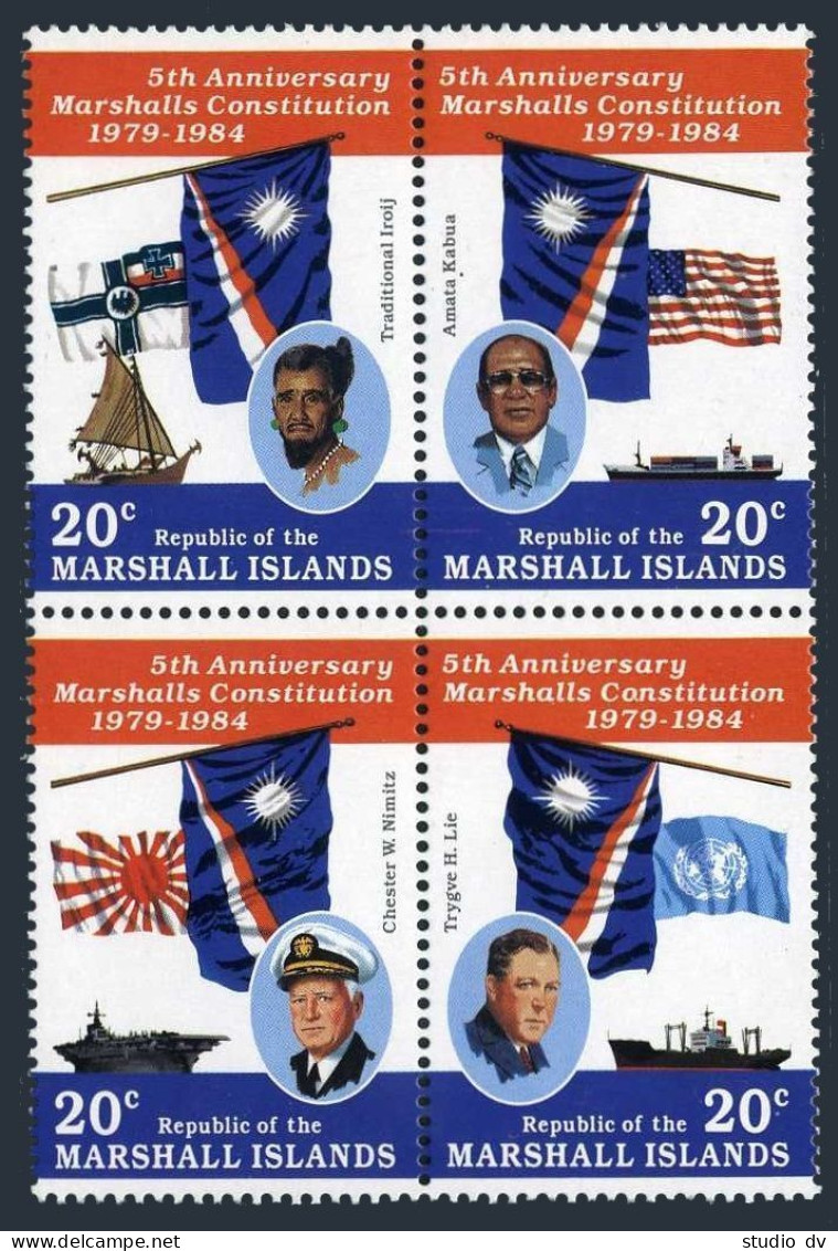 Marshall 59-62a Block, MNH. Mi 27-30. Constitution, 5th Ann. 1984. Ships, Flags. - Marshall