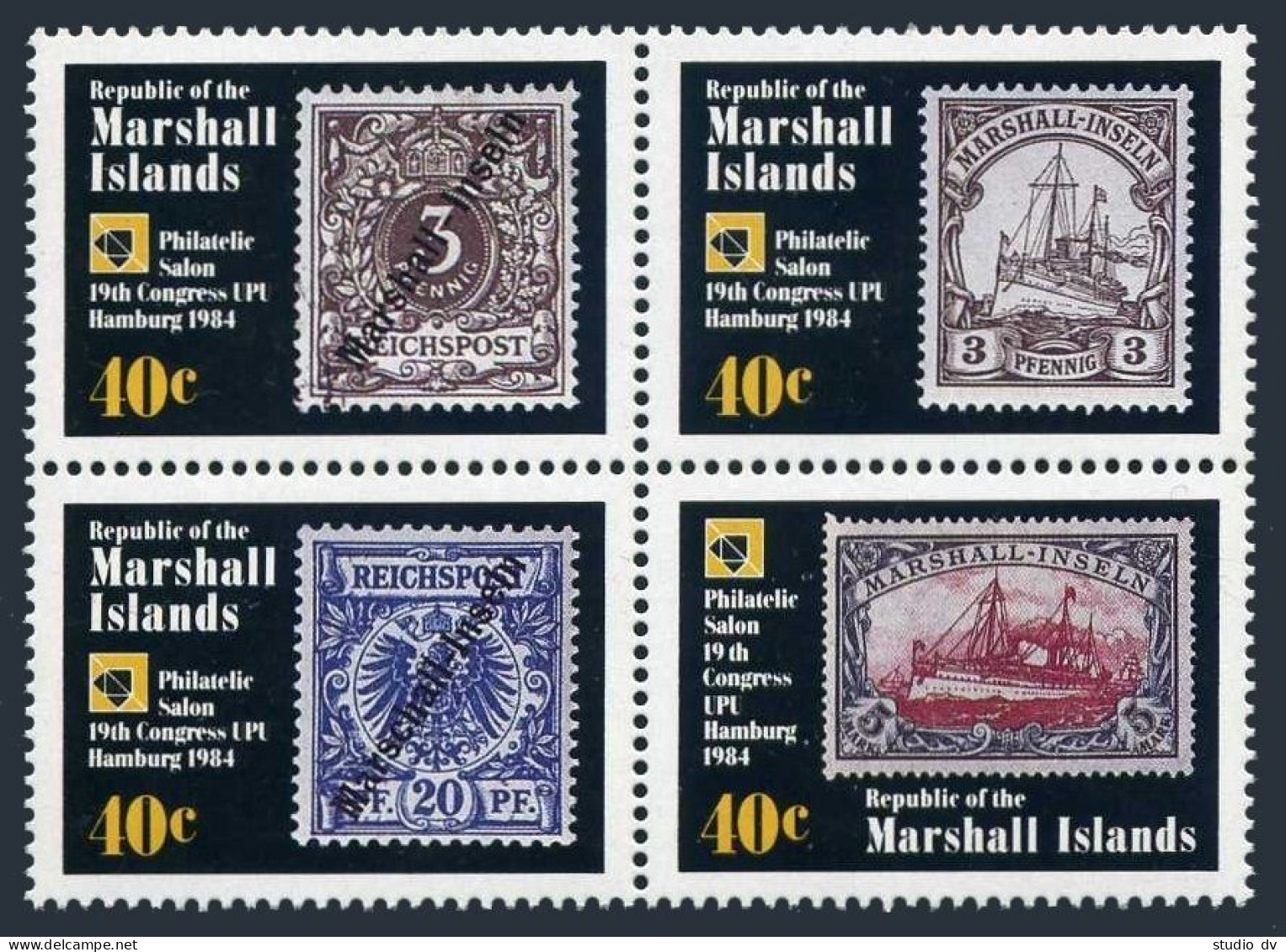 Marshall 50-53a Block, MNH. Michel 15-18. UPU-110, Congress 1984. Stamps, Ships. - Marshall Islands