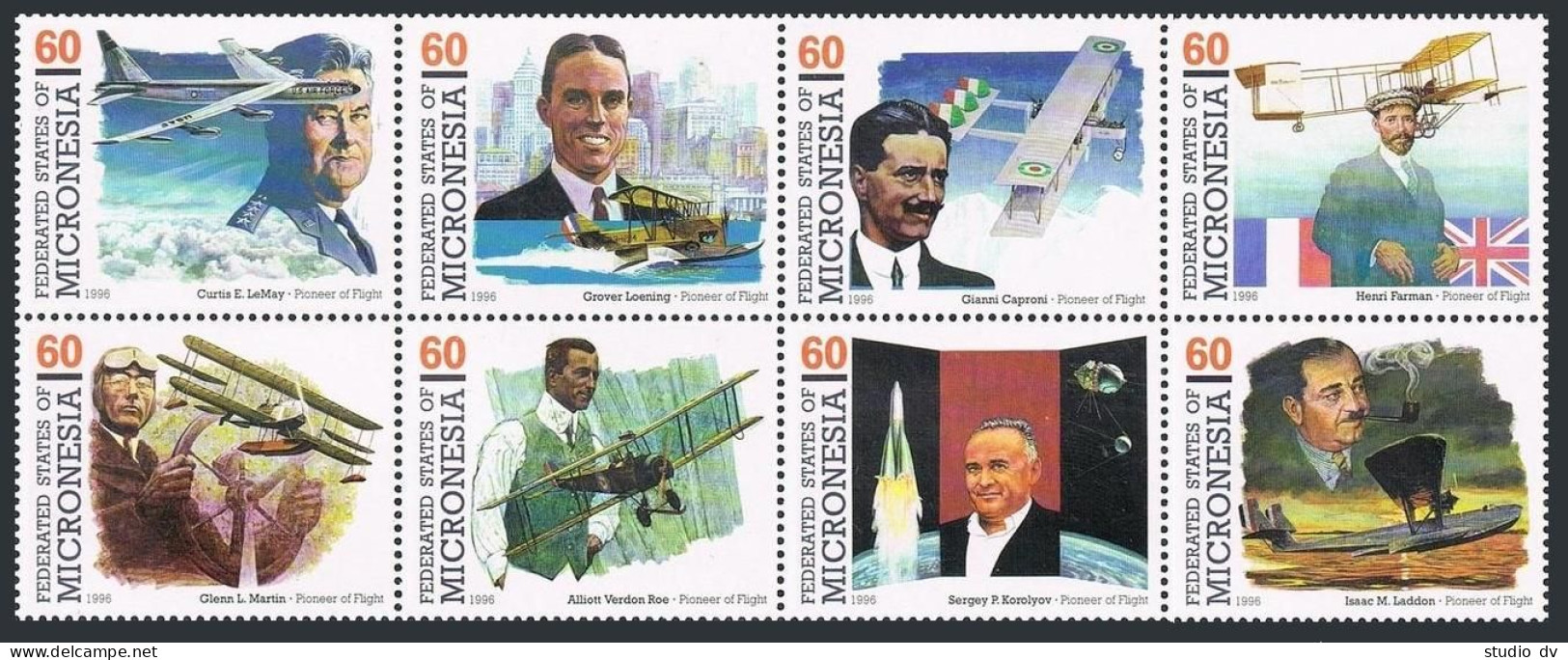 Micronesia 249 Ah Block,MNH.Michel 514-521. Pioneers Of Flight,1996.G.Caproni, - Micronésie