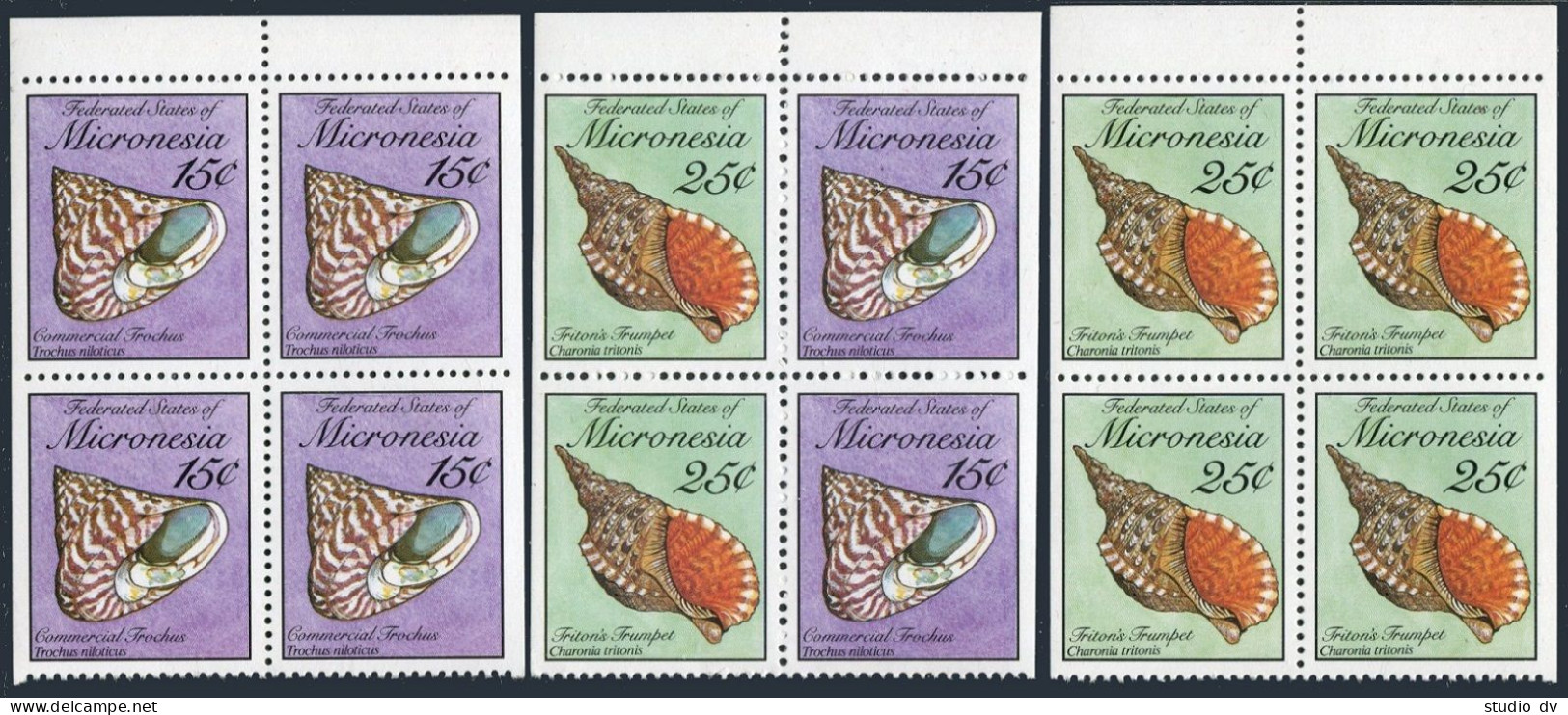 Micronesia 85a,88a,88b Blocks/4,MNH.Michel 144D,146D,144/146D. Shells 1989. - Micronésie