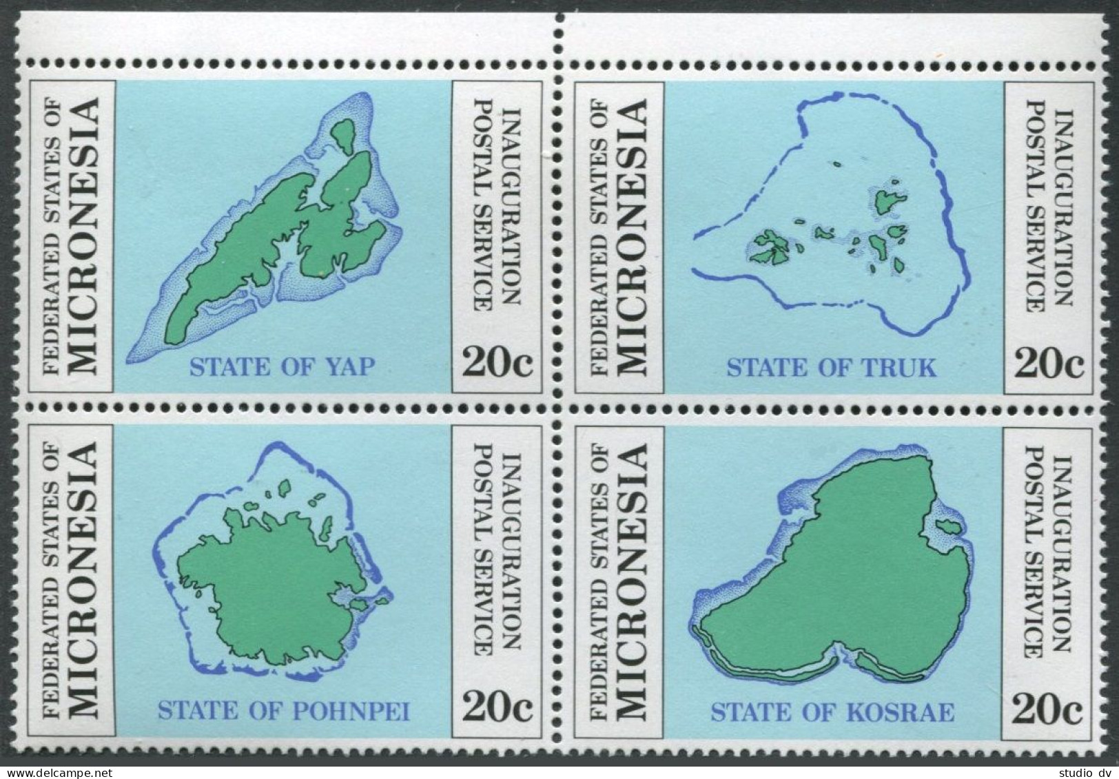 Micronesia 1-4a Block, MNH. Mi 1-4. Postal Service 1984. Maps: Yak,Truk,Pohnpei, - Micronesia