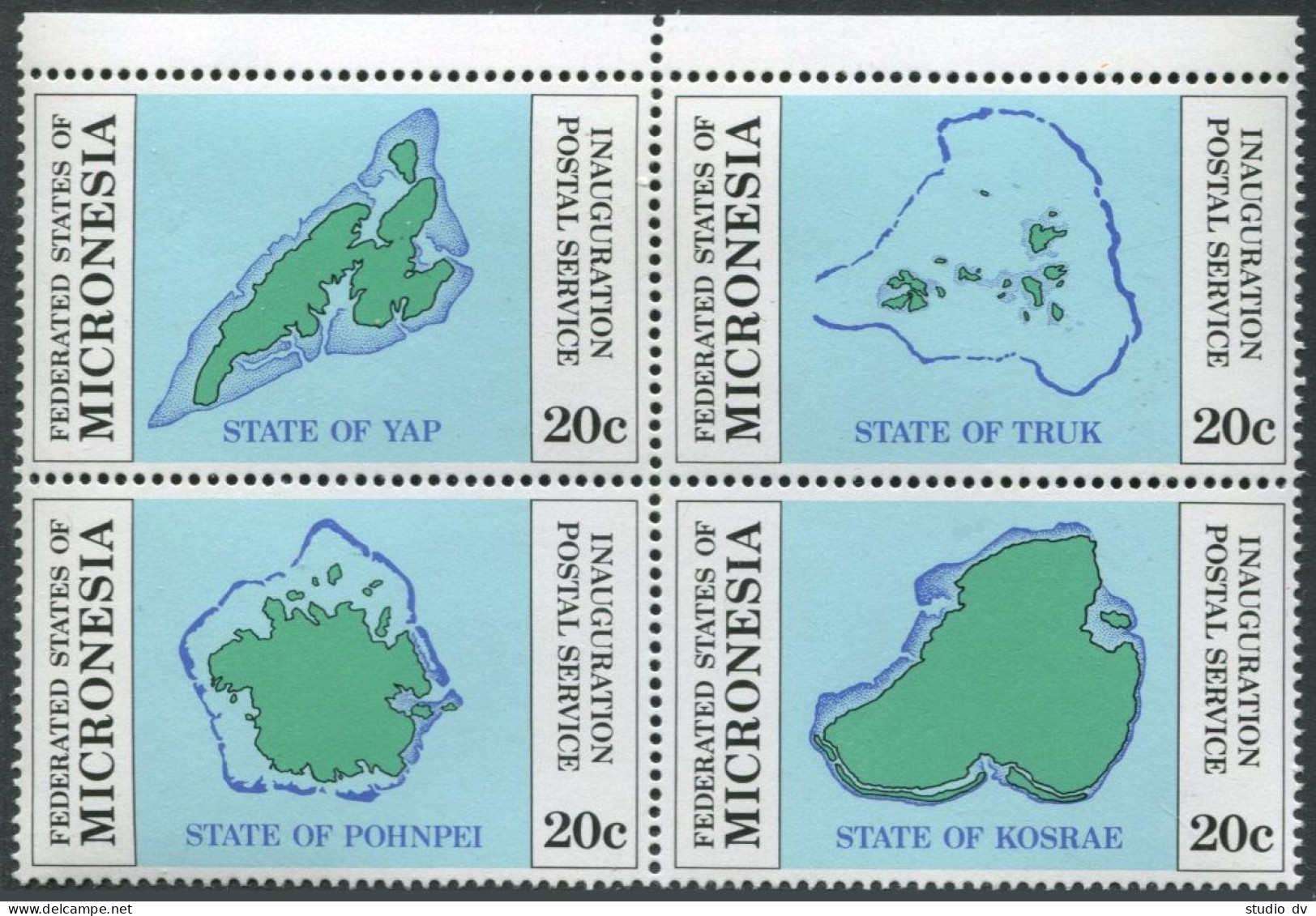 Micronesia 1-4a Block, MNH. Mi 1-4. Postal Service 1984. Maps: Yak,Truk,Pohnpei, - Micronésie