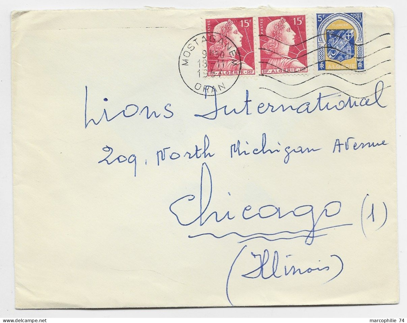 MULLER 15FR ALGERIE X2+ 5FR BLASON LETTRE MEC MOSTAGANEM 18.11.1957 ORAN POUR USA - 1955-1961 Marianne De Muller