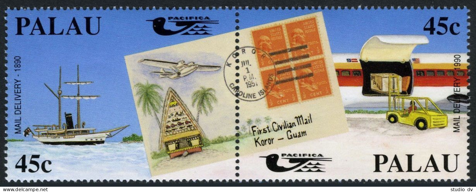 Palau 247-248a, MNH. Michel 395-396. PACIFICA-1990. Mail Ship, Forklift, Plane. - Palau