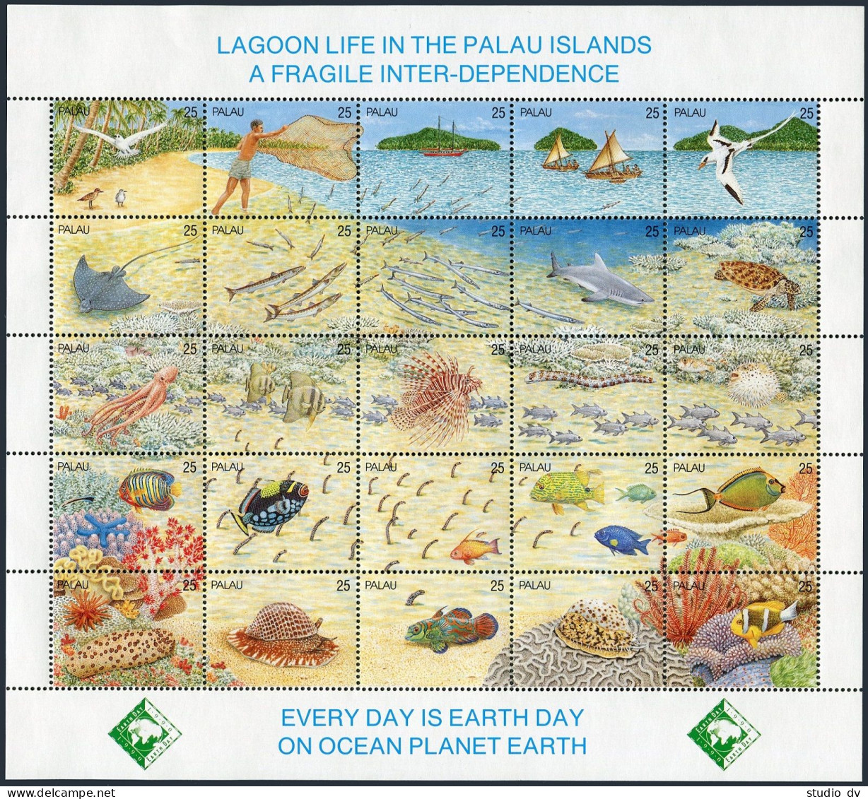 Palau 246 Ay Sheet, MNH. Mi 370-394. Lagoon Life 1990. Bidekill Fisherman, Yacht - Palau