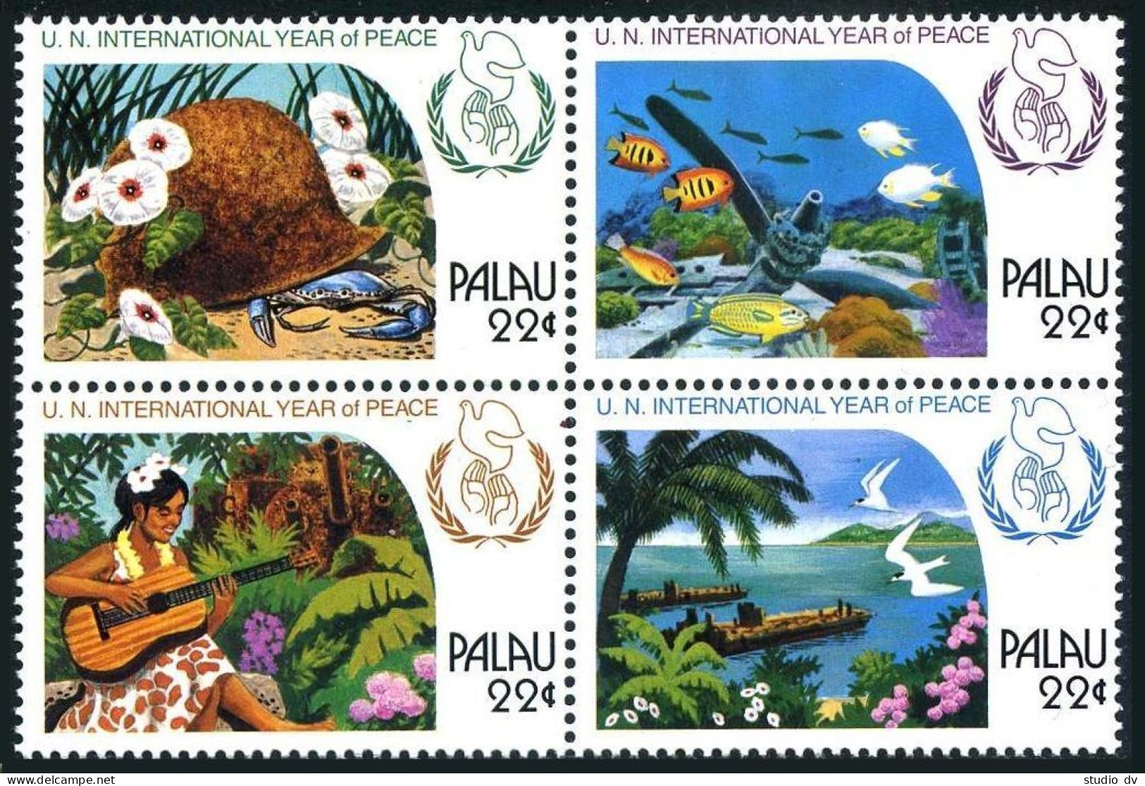 Palau 109-112a Block, MNH. IPY-1986. Crab, Fish, Birds, Ship. - Palau