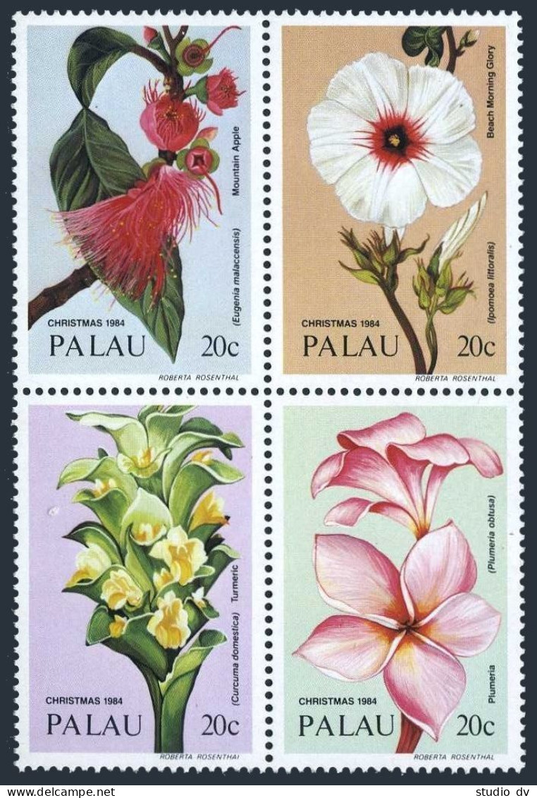 Palau 59-62a Block, MNH. Mi 61-64. Christmas 1984, Flowers. Mountain Apple, - Palau