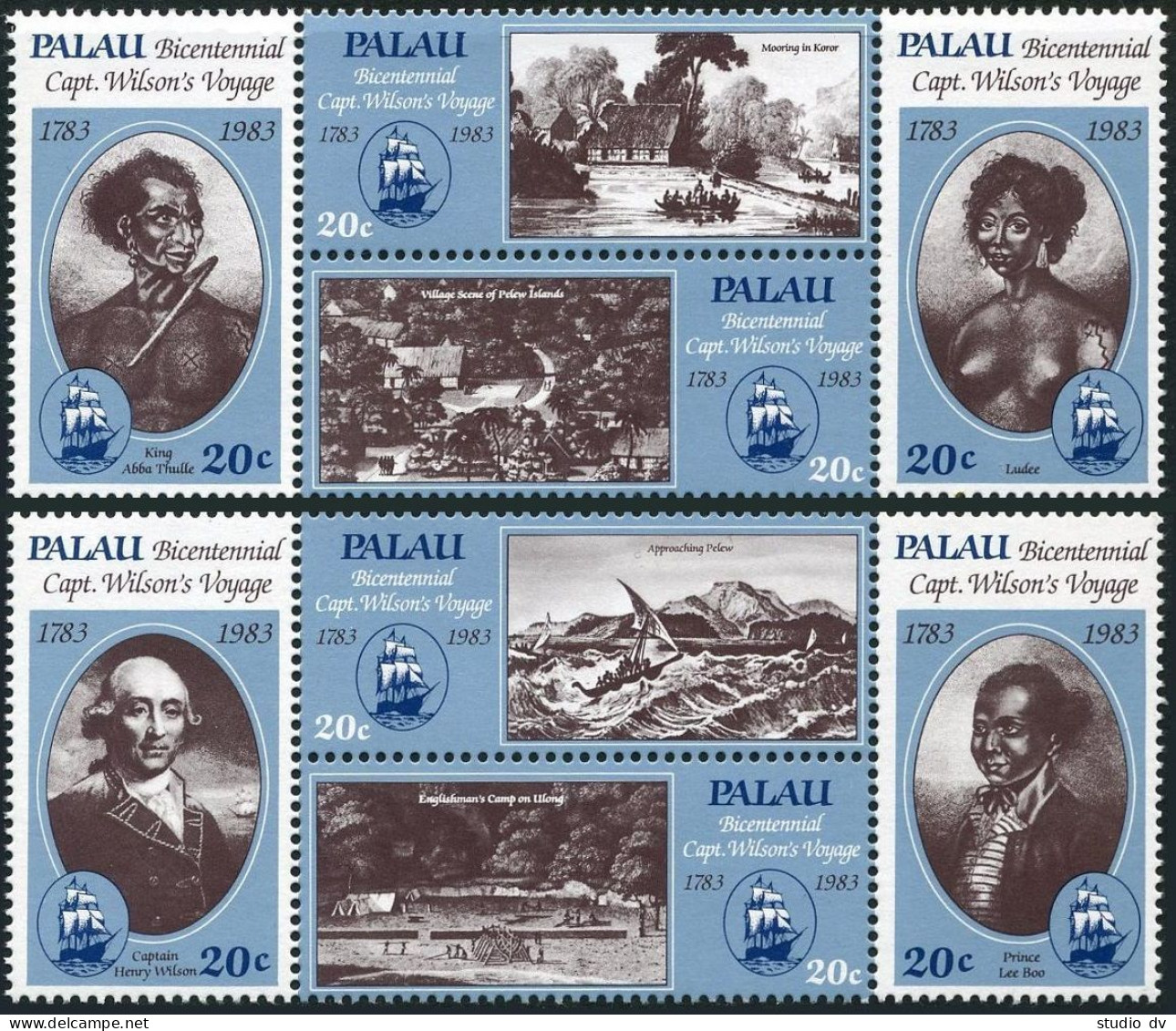Palau 33-40a,2 Blocks, MNH. Michel 29-36. Captain Wilson, Voyage-200, 1983. - Palau
