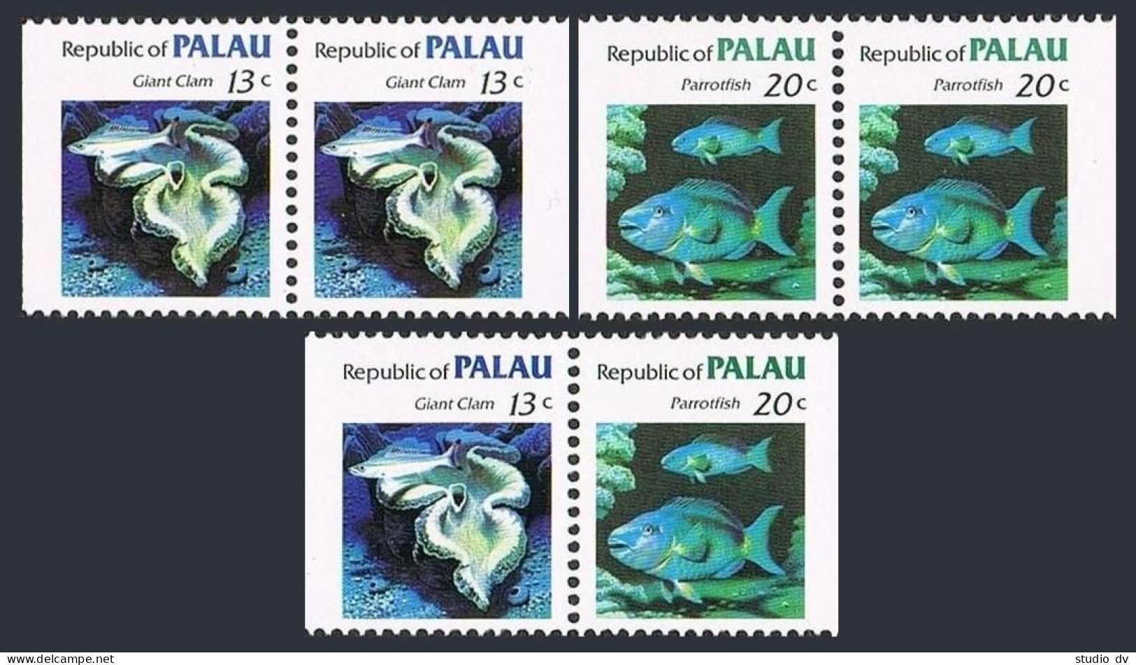 Palau 13a,13b,14b Pairs,MNH.Michel 13f,13d,14d MH. Giant Clam,Parrot-fish.1984. - Palau