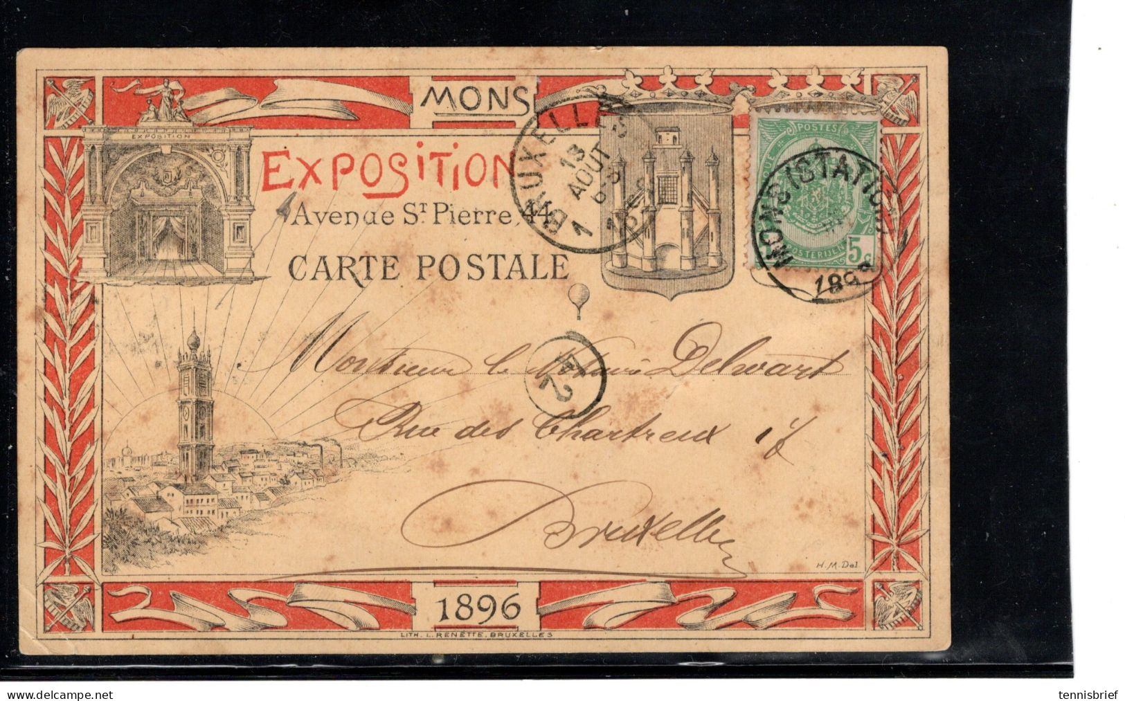 1896 ,  5 C. " MONS ( STATION )sur Carte Postale Rare  " EXPOSITION " En Rouge Et Noire  " MONS 1896 "  #1516 - 1893-1907 Coat Of Arms