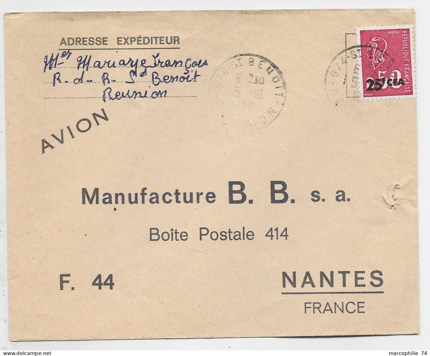 CFA 25FR BEQUET SEUL LETTRE AVION ST BENOIT 5.10.1971 REUNION - Cartas & Documentos