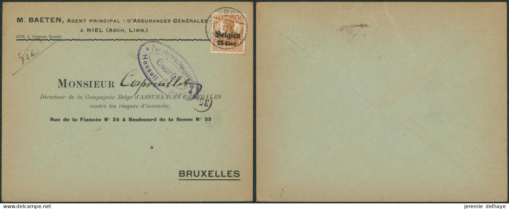 Guerre 14-18 - OC15 Sur L. Obl à Pont Asch (1918, Niel) + Censure Hasselt > Bruxelles - OC1/25 Gouvernement Général
