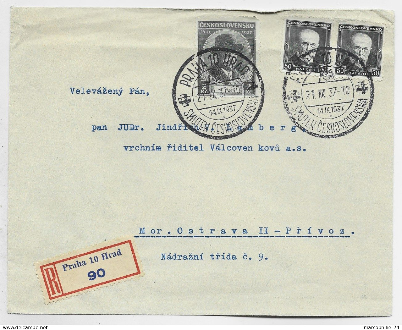 CESKOSLOVENSKO  2KC+50 HALERUX2 LETTRE COVER REC PRAHA 10 HRAD 21.IX.1937 SMUTEN - Briefe U. Dokumente