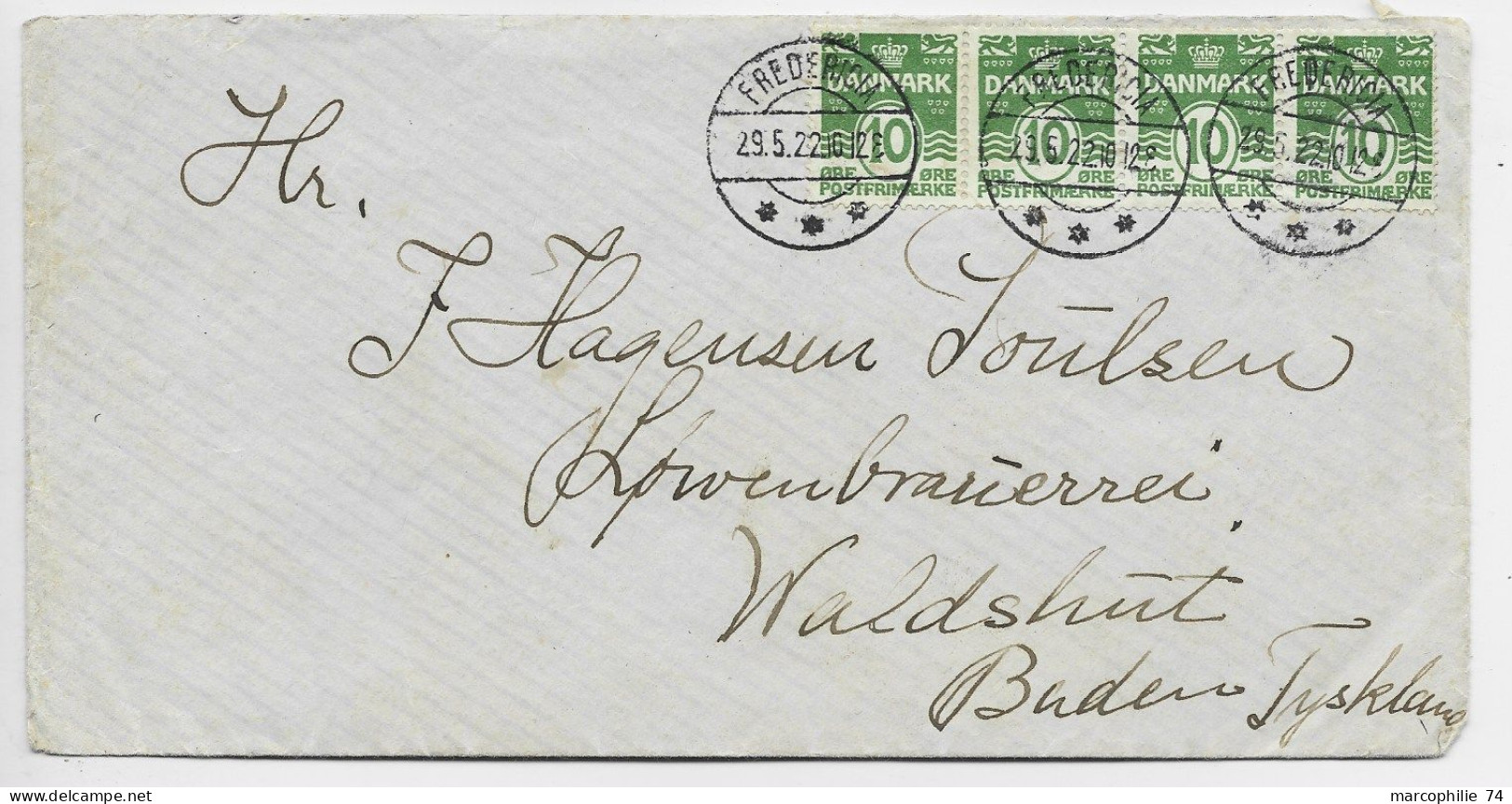 DANMARK 10 ORE X4 LETTRE COVER FREDERICIA 29.5.1922 TO BADEN GERMANY - Briefe U. Dokumente