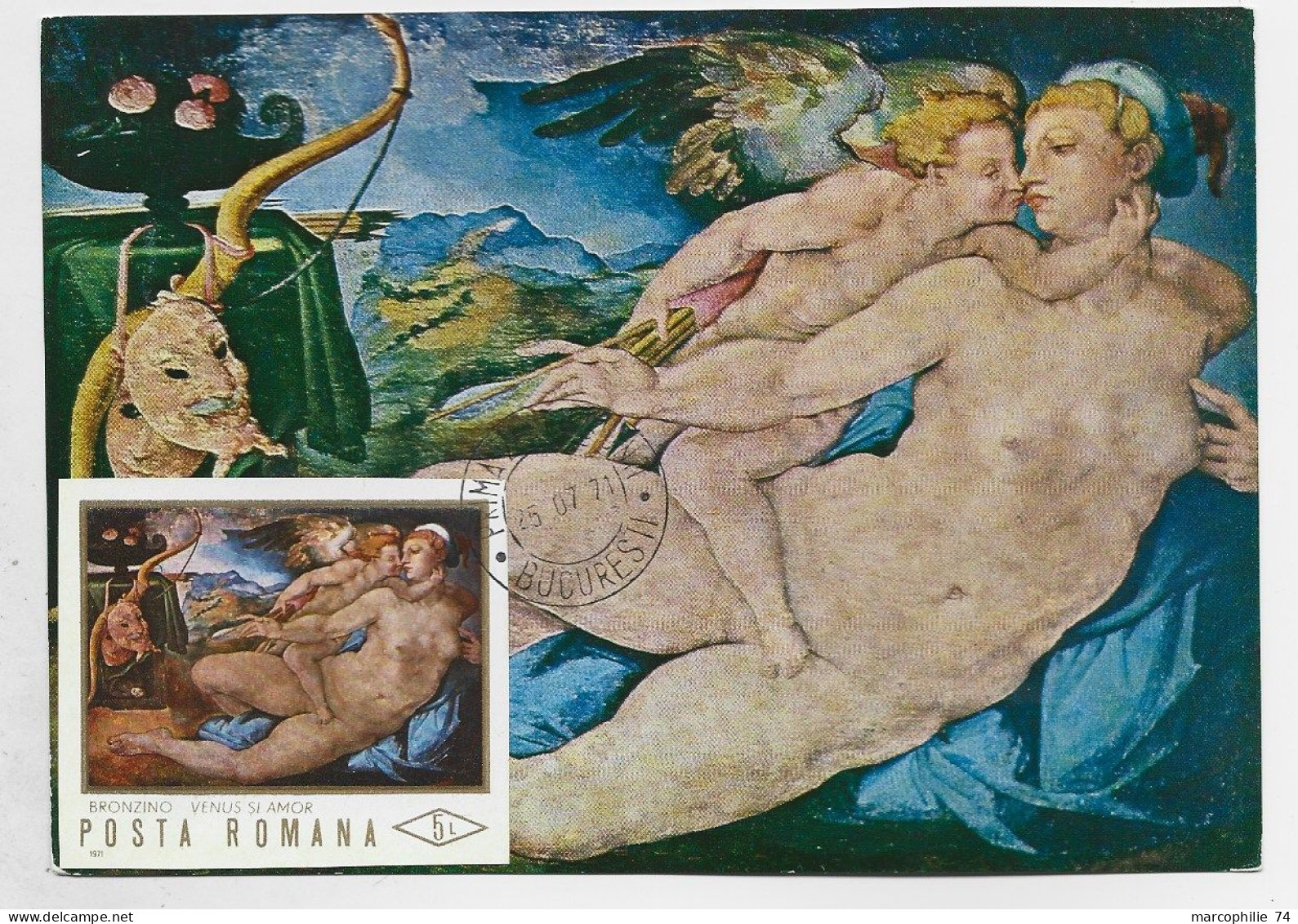 ROUMANIA ROUMANIE CARTE MAXIMUM PEINTRE MUZEUL DE ARTA BRONZINO VENUS BUCURESTI 25.07.1971 - Cartes-maximum (CM)