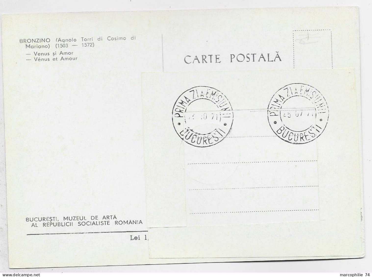 ROUMANIA ROUMANIE CARTE MAXIMUM PEINTRE MUZEUL DE ARTA BRONZINO VENUS BUCURESTI 25.07.1971 - Cartes-maximum (CM)