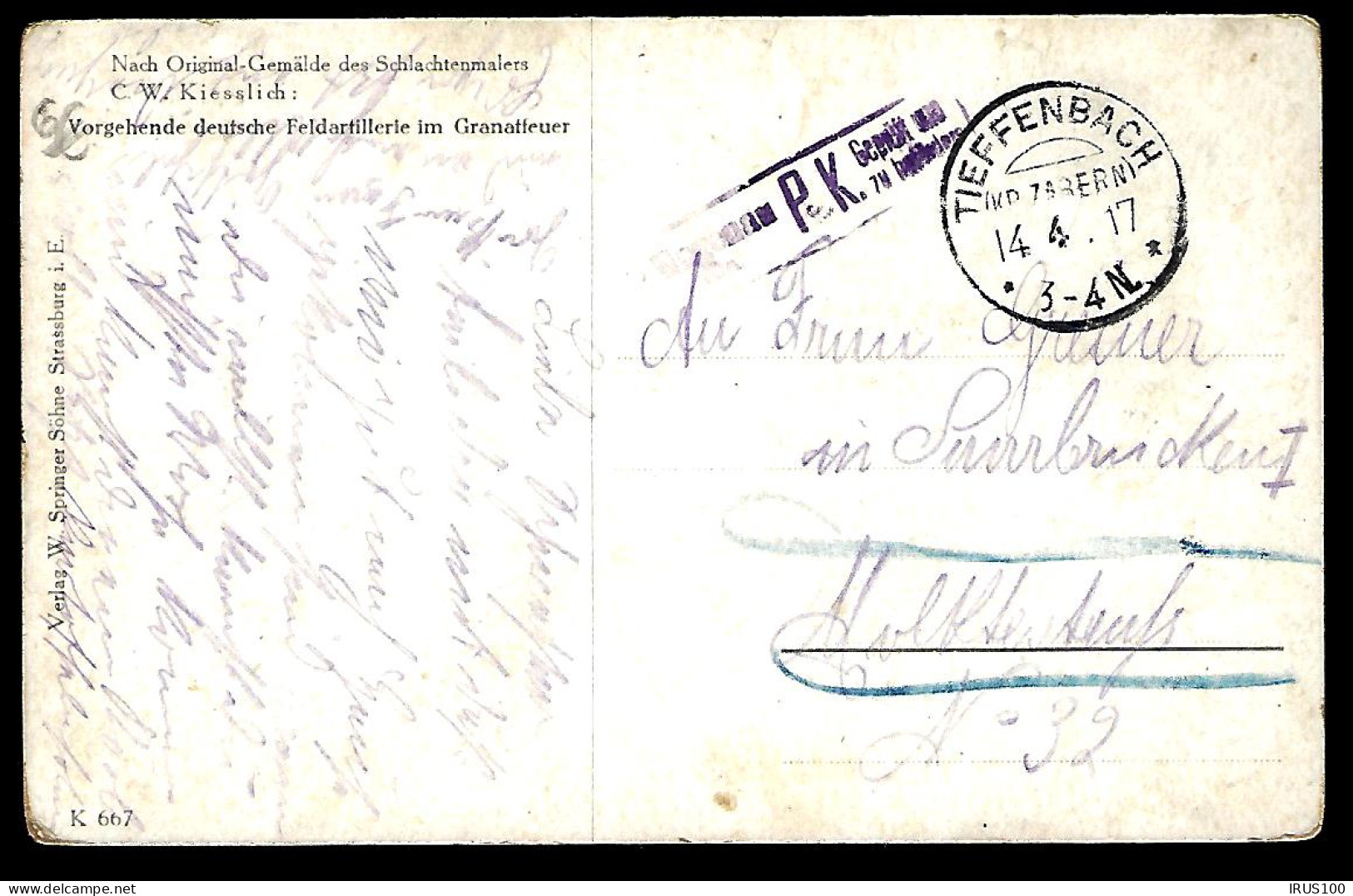 CARTE EN PROVENANCE DE TIEFFENBACH - BAS-RHIN - 1917 - FELDARTTILERIE - Altri & Non Classificati