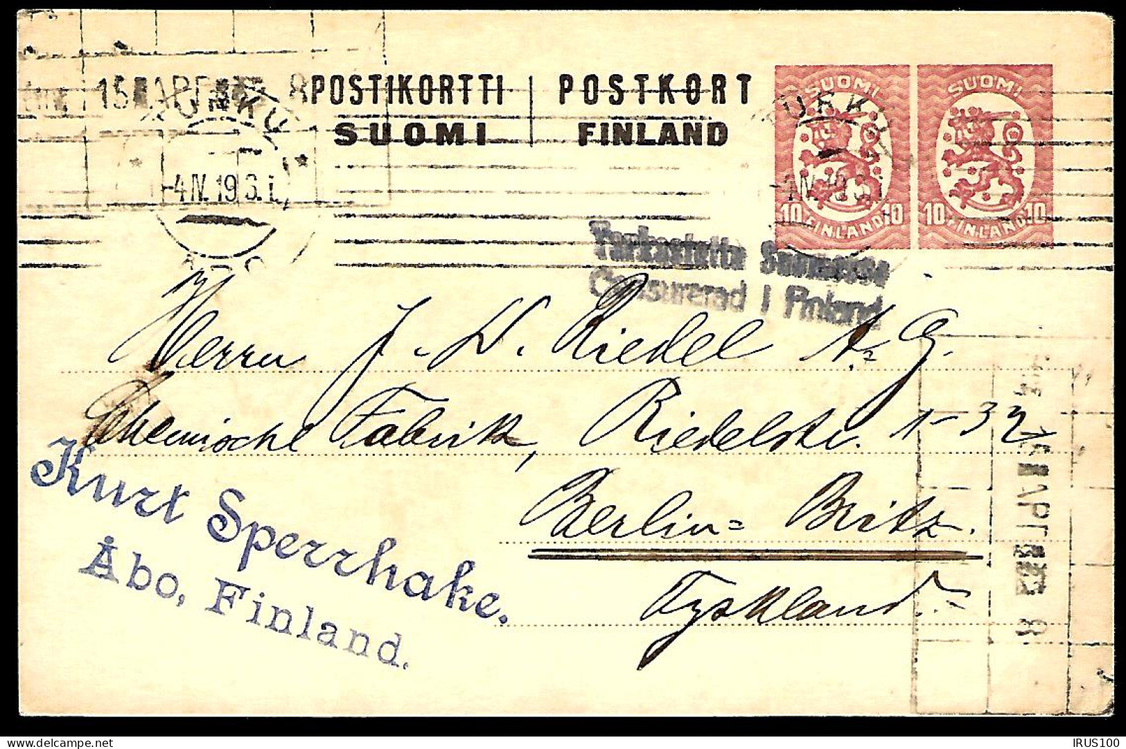 ENTIER POSTAL EN PROVENANCE DE LA FINLANDE 10 + 10 - 1919 - POUR BERLIN -  - Cartas & Documentos