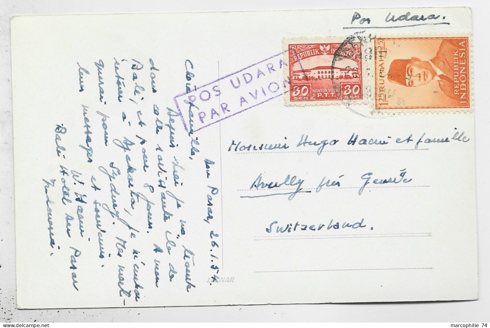 INDONESIA 30 SEN +1.25 RUPHIAH CARD AVION AIR MAIL PARAR 26.1.1954 TO SUISSE - Indonesië