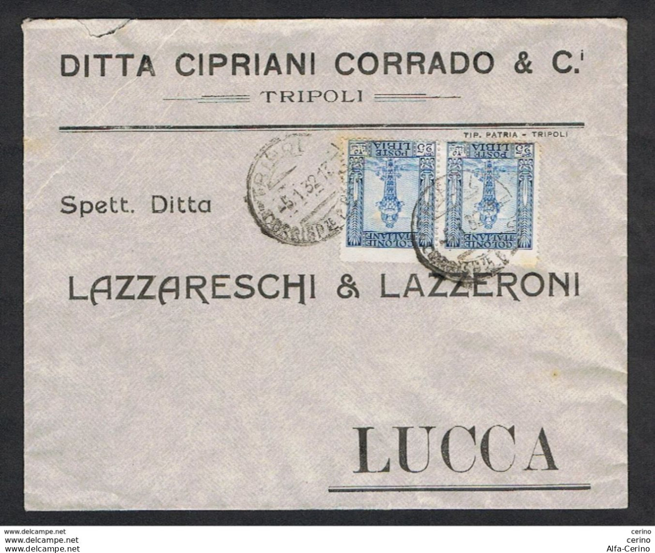 LIBIA:  1932  BUSTA  PUBBLICITARIA  DA  TRIPOLI  IN  TARIFFA  PER  LUCCA  -  25 C. PITTORICA  COPPIA  -  SASS. 49 - Libye