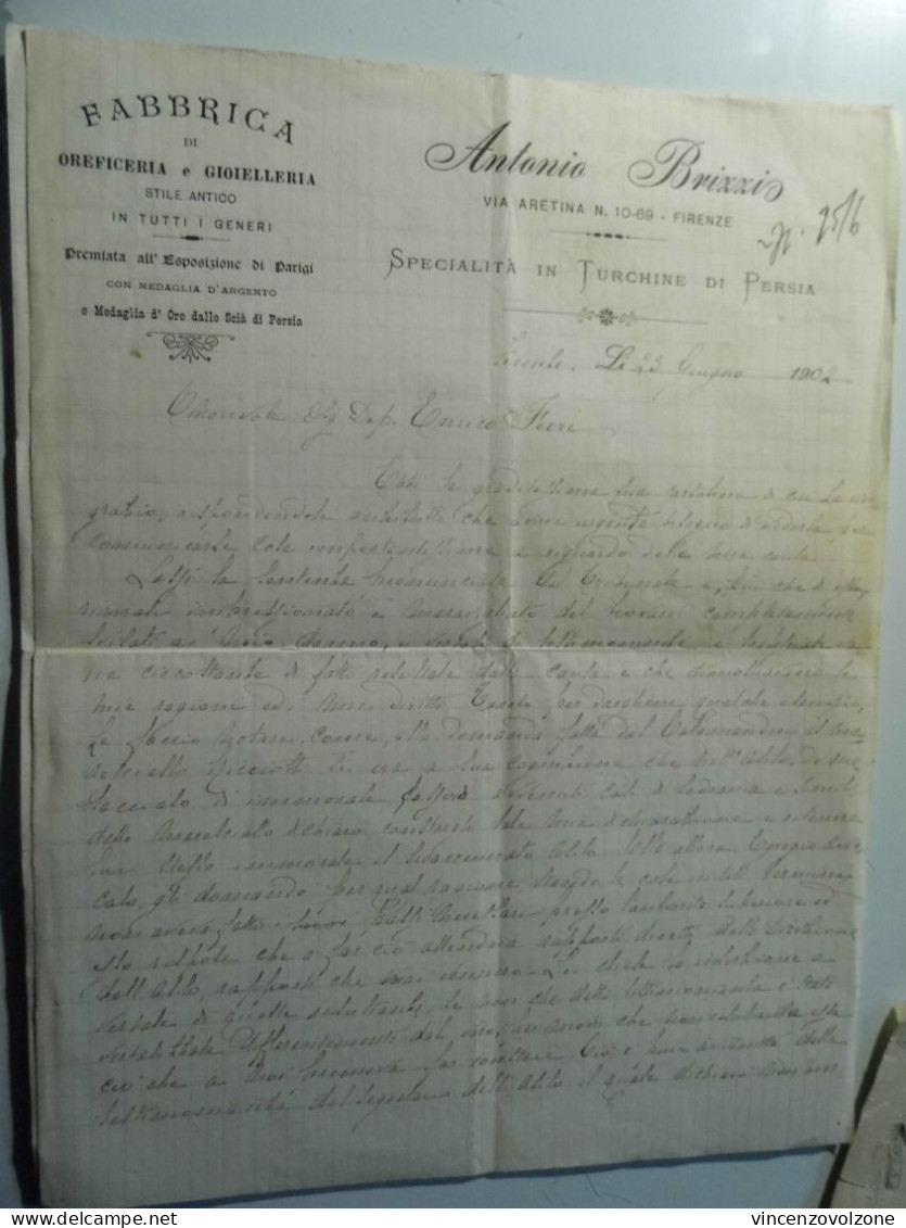 Lettere "FABBRICA DI OREFICERIA E GIOIELLERIA ANTONIO BRIZZI FIRENZE" 1902 - Manuscripts