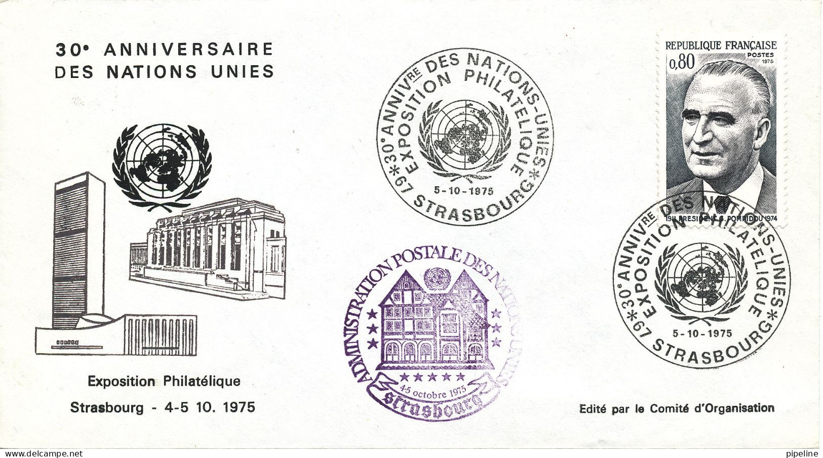 France Cover UN 30th Anniversary Stamp Exhibition Strassbourg 5-10-1975 - Briefe U. Dokumente