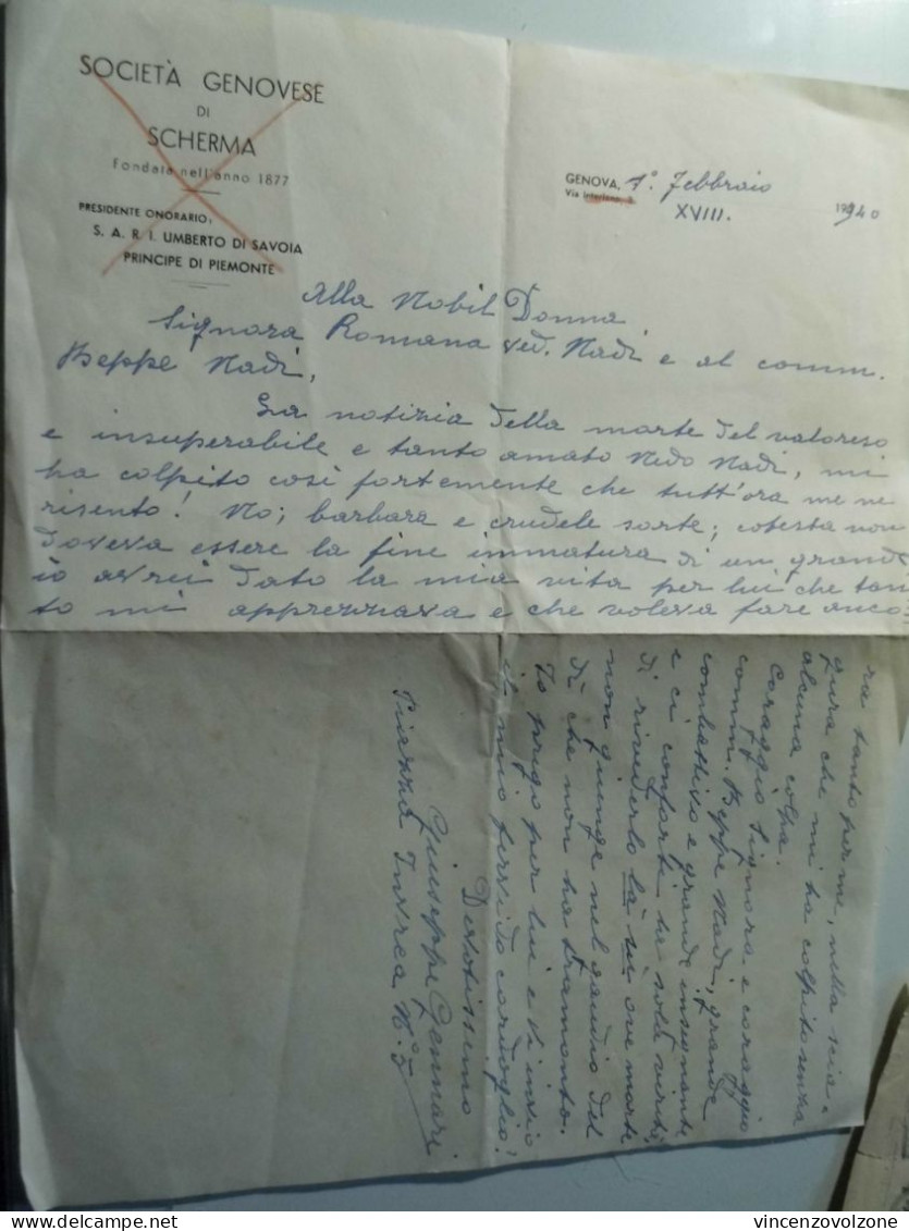 Lettera Manoscritta  "SOCIETA' GENOVESE DI SCHERMA Genova 7 Febbraio 1940" - Manuscrits