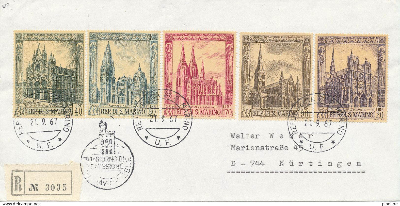 San Marino FDC 21-9-1967 Complete Set Of 5 Gothic Cathedrals Sent To Germany - FDC