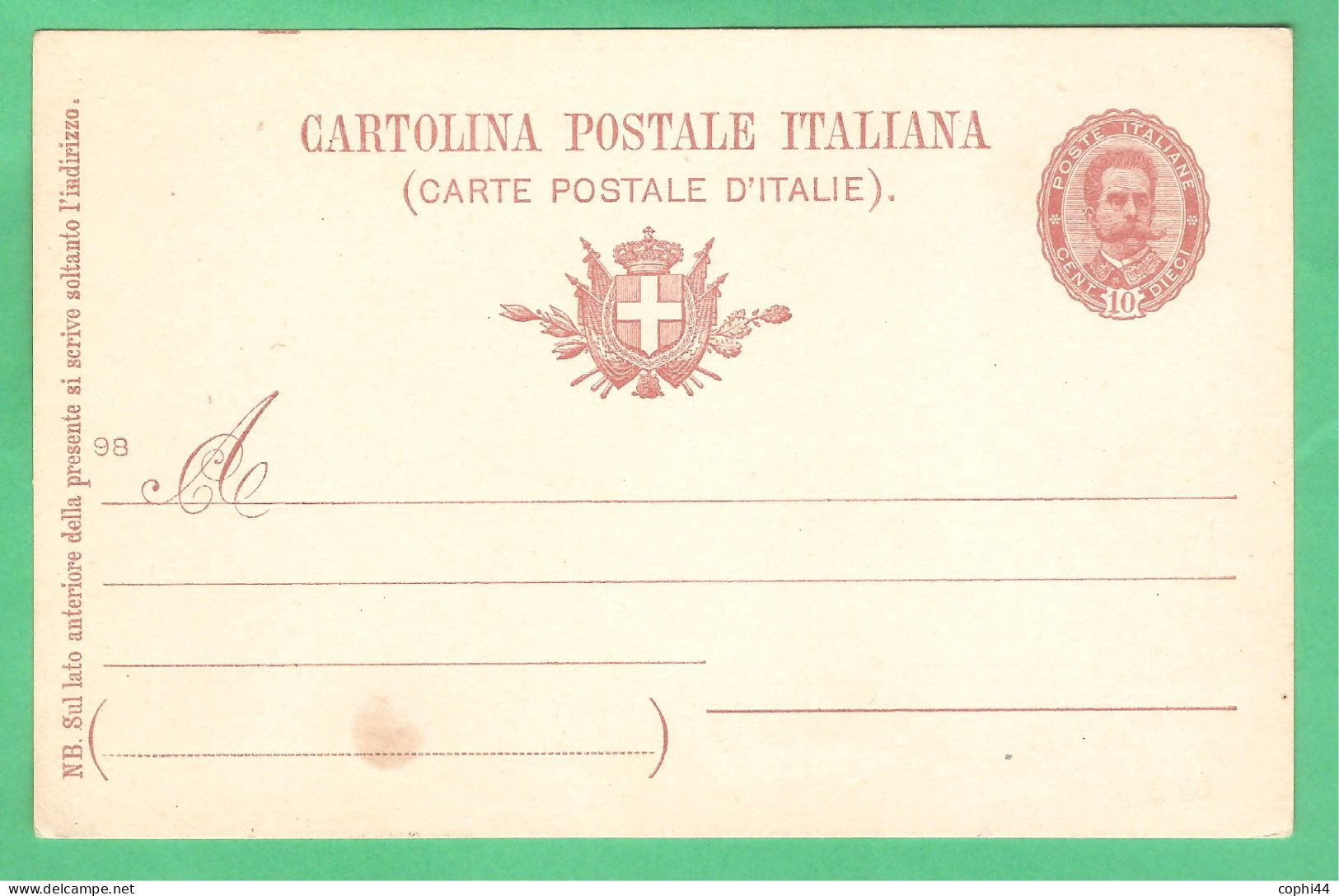 REGNO D'ITALIA 1895 CARTOLINA POSTALE EFFIGE OVALE UMBERTO I MIL. 98 10 C Rosa (FILAGRANO C25) NUOVA CON SCRITTO - Stamped Stationery