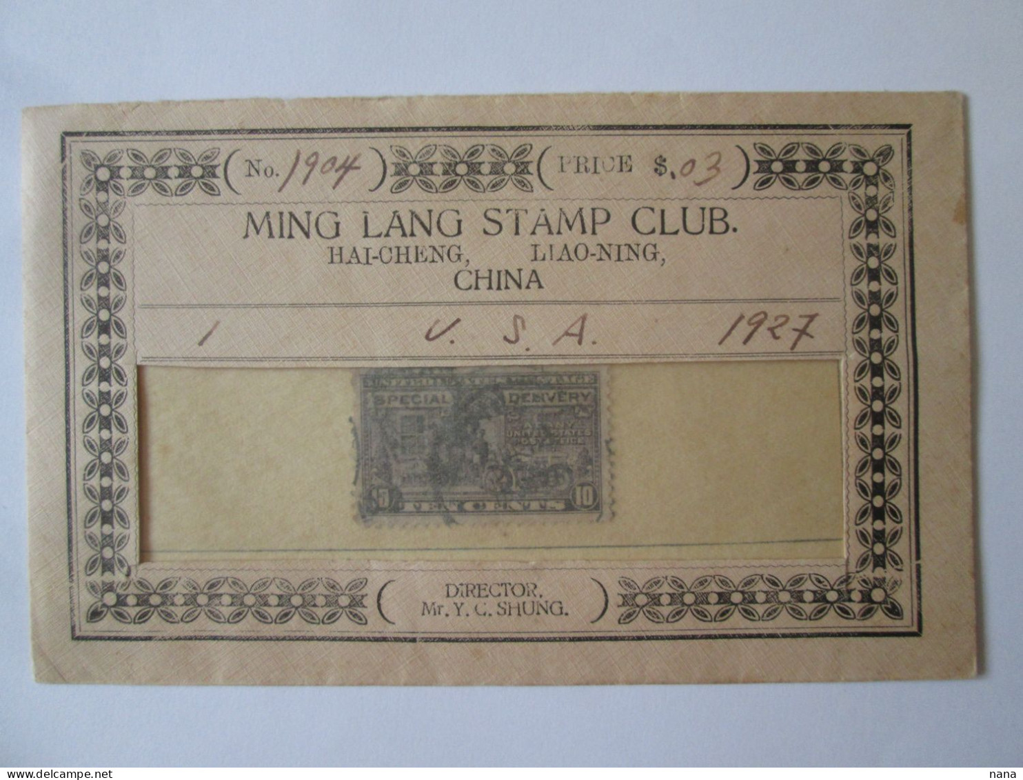 China:Ming Lang Stamp Club.envelope & U.S.A.stamp 1927/China:Ming Lang Stamp Club.enveloppe Et Timbre U.S.A.1927 - 1912-1949 République