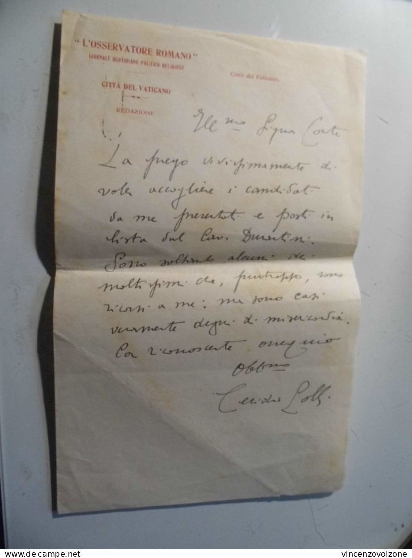 Lettera Manoscritta Direttore "OSSERVATORE ROMANO" Cesidio Lolli - Manuscripts