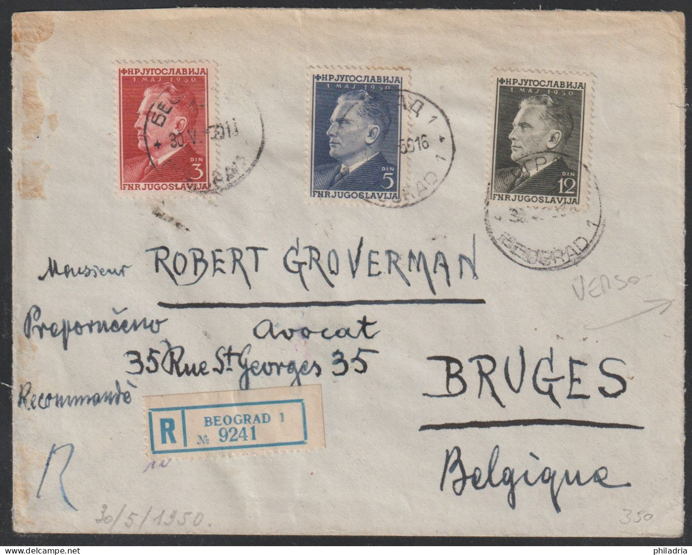 Yugoslavia, 1950, Beograd, Registered Cover To Belgium - Storia Postale