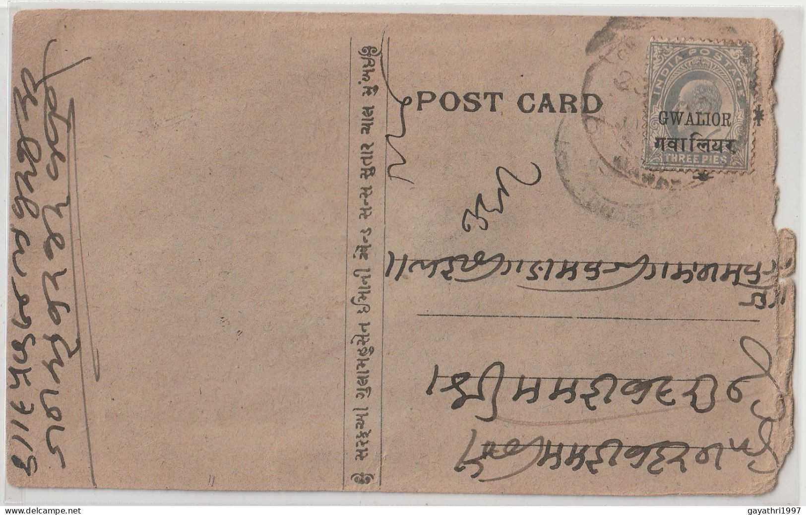 India. Indian States Gwalior. Edward Private Post Card With Stamp Gwalior Over Print On Edward Private Post Card  (G105) - Gwalior