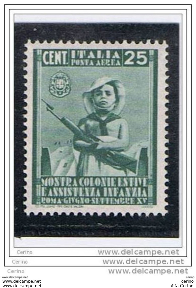 REGNO:  1937  P.A. COLONIE  ESTIVE  -  25 C. VERDE  N. -  SASS. A 100 - Poste Aérienne