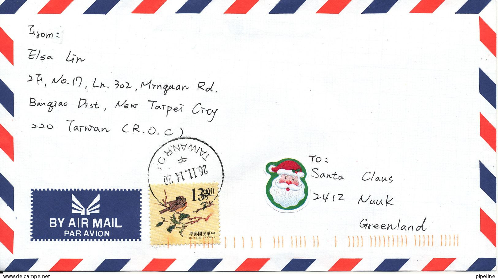 Taiwan Air Mail Cover Sent To Santa Claus Greenland 26-11-2014 Single Franked BIRD - Covers & Documents