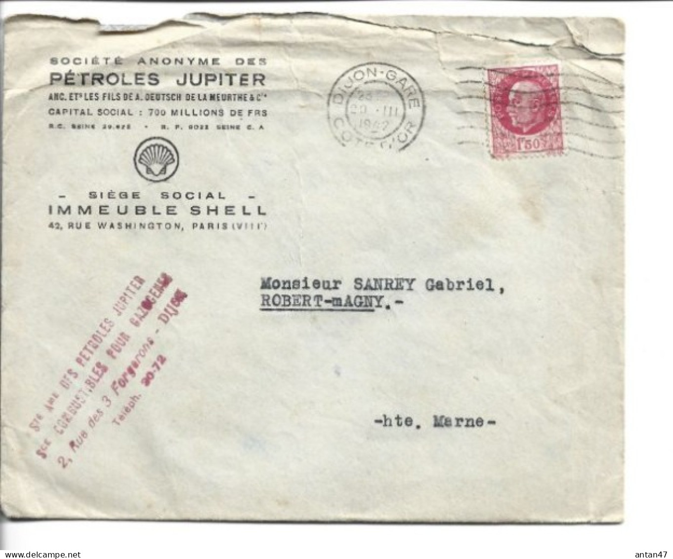 Enveloppe Commerciale 1942 / 75008 PARIS Pétroles JUPITER / Timbre Oblitéré DIJON-GARE Type BERSIER 1.5 - Used Stamps