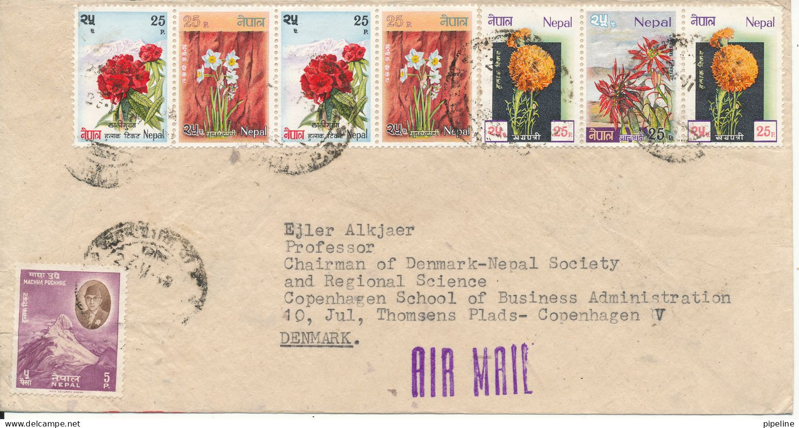 Nepal Cover Sent Air Mail To Denmark 23-11-1969 With A Lot Of Topic Stamps FLOWERS - Nepal