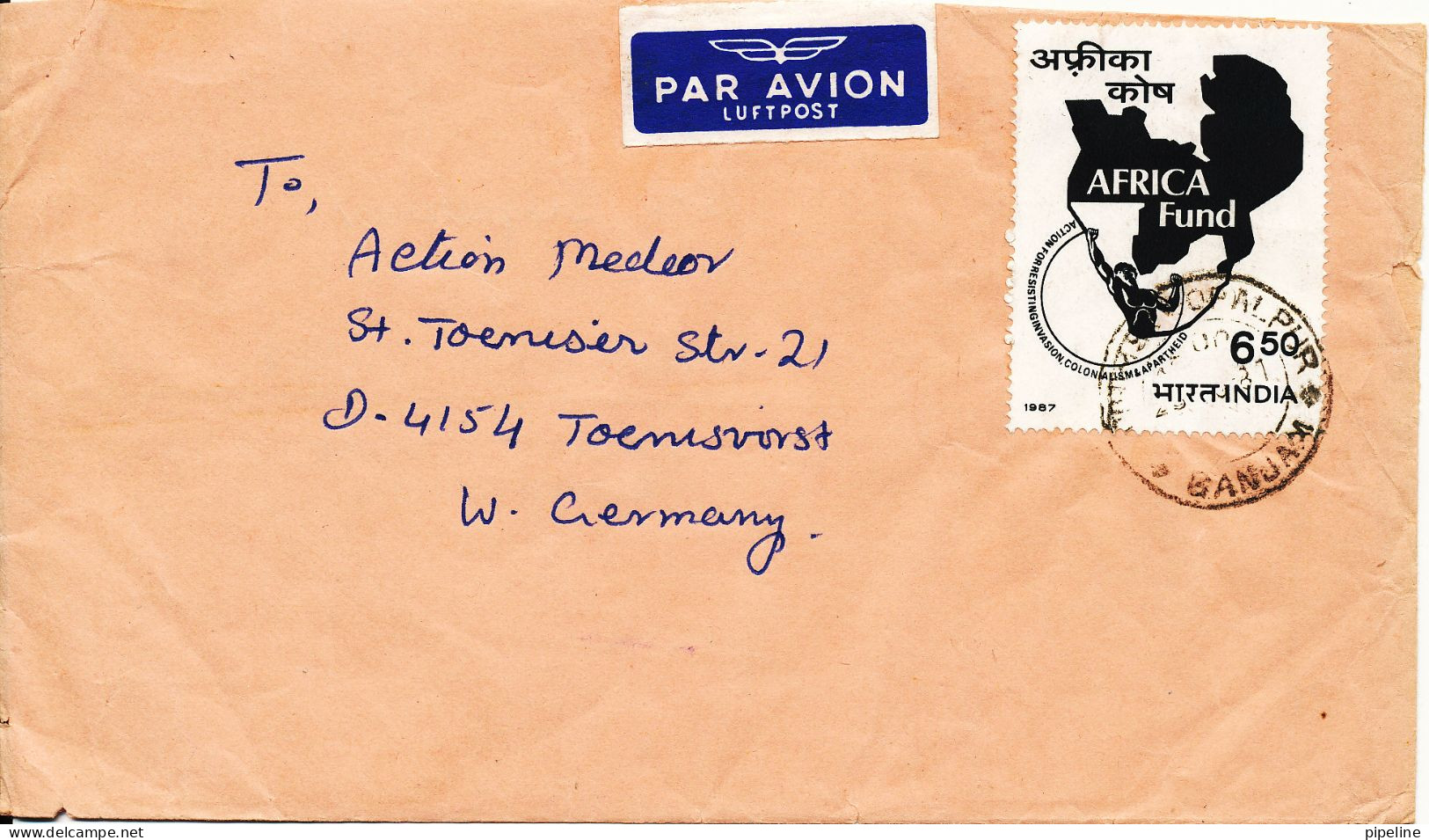 India Cover Sent Air Mail To Germany 1987 Single Franked Africa Fund - Airmail