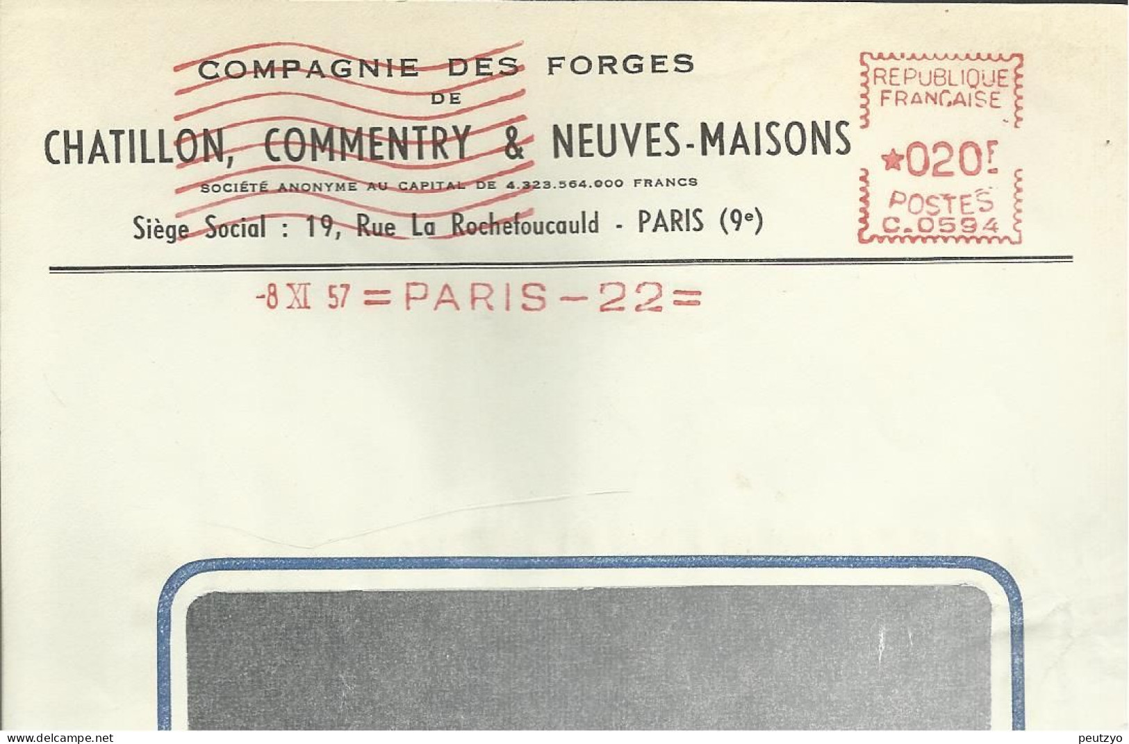 Lettre  EMA  Havas C 1957 Compagnie Des Forges  Chatillon ,commentry & Neuves Maisons 54 Usines Metier 75 Paris   A20/19 - Usines & Industries