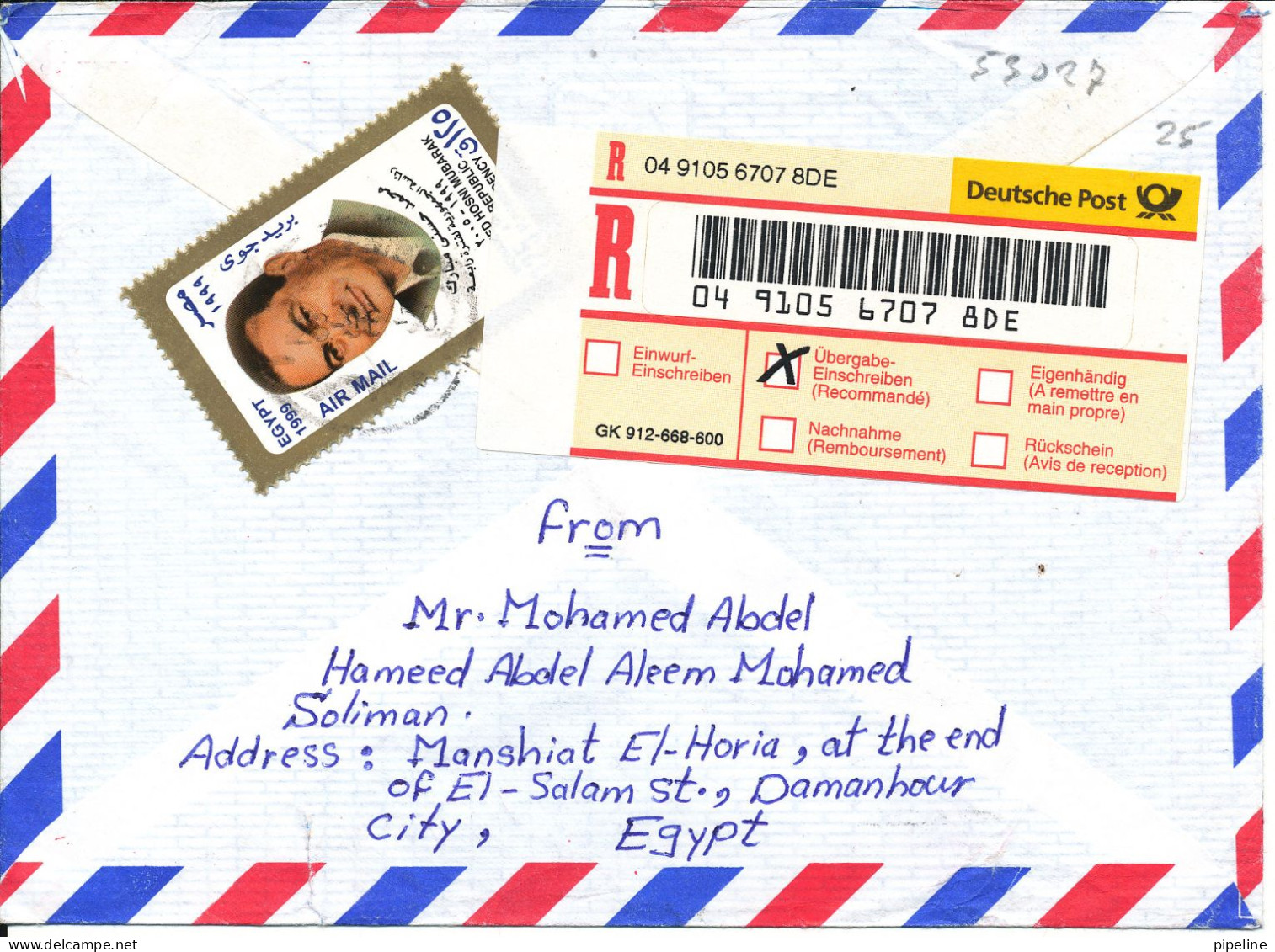 Egypt Registered Air Mail Cover Sent To Germany 4-3-1999 Single Franked 28-9-2000 Also A Stamp On The Backside Of The Co - Aéreo