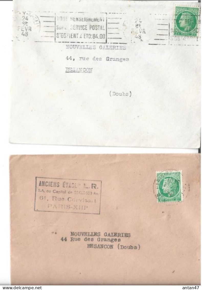 2 Enveloppes Commerciales 1948 / 75008 75013 PARIS Etadl L.R / Timbre Oblitéré PARIS NEUILLY Type CERES 2F - 1945-47 Ceres De Mazelin