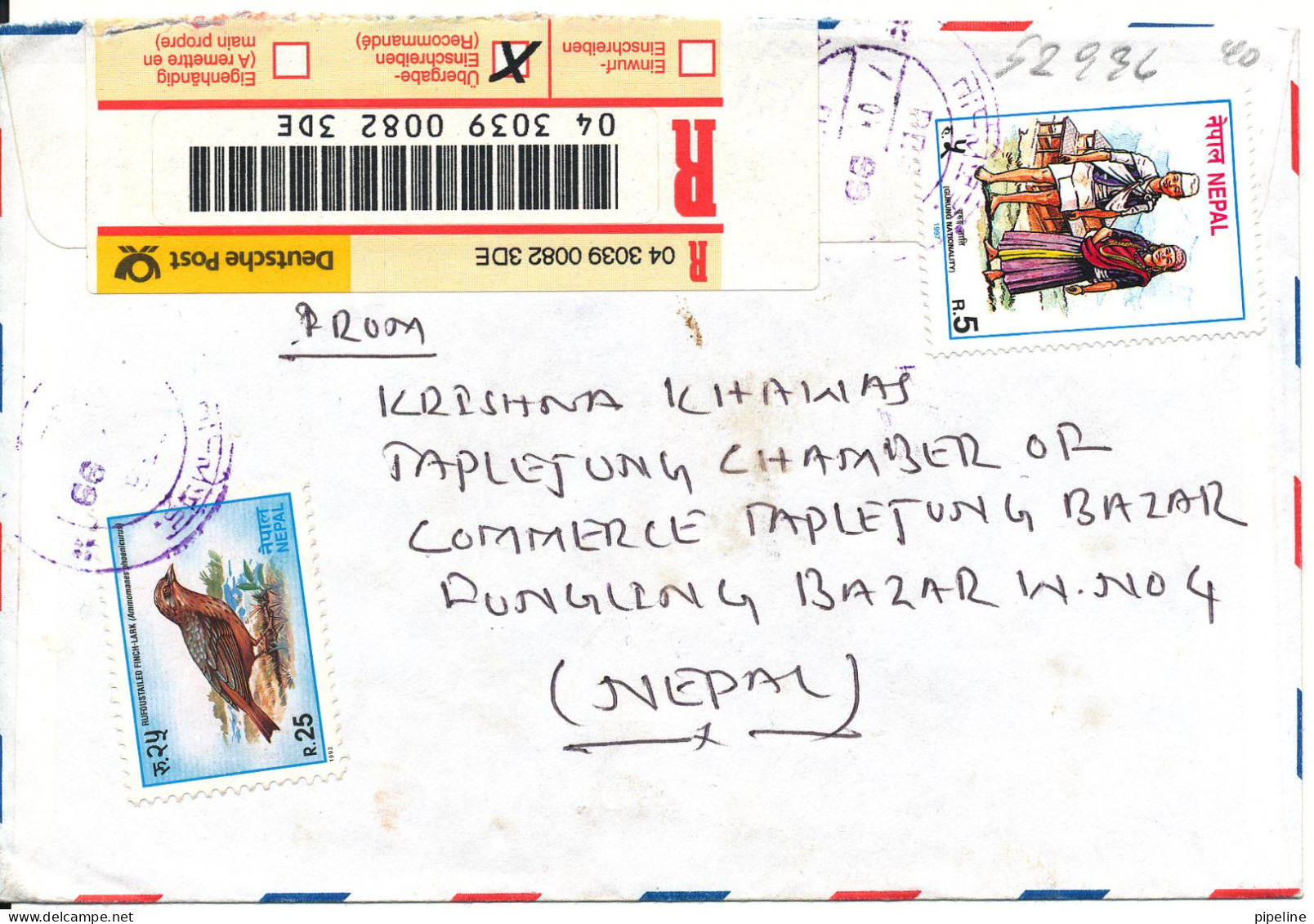 Nepal Registered Air Mail Cover Sent To Germany 1999 Stamps On Backside Of The Cover - Nepal