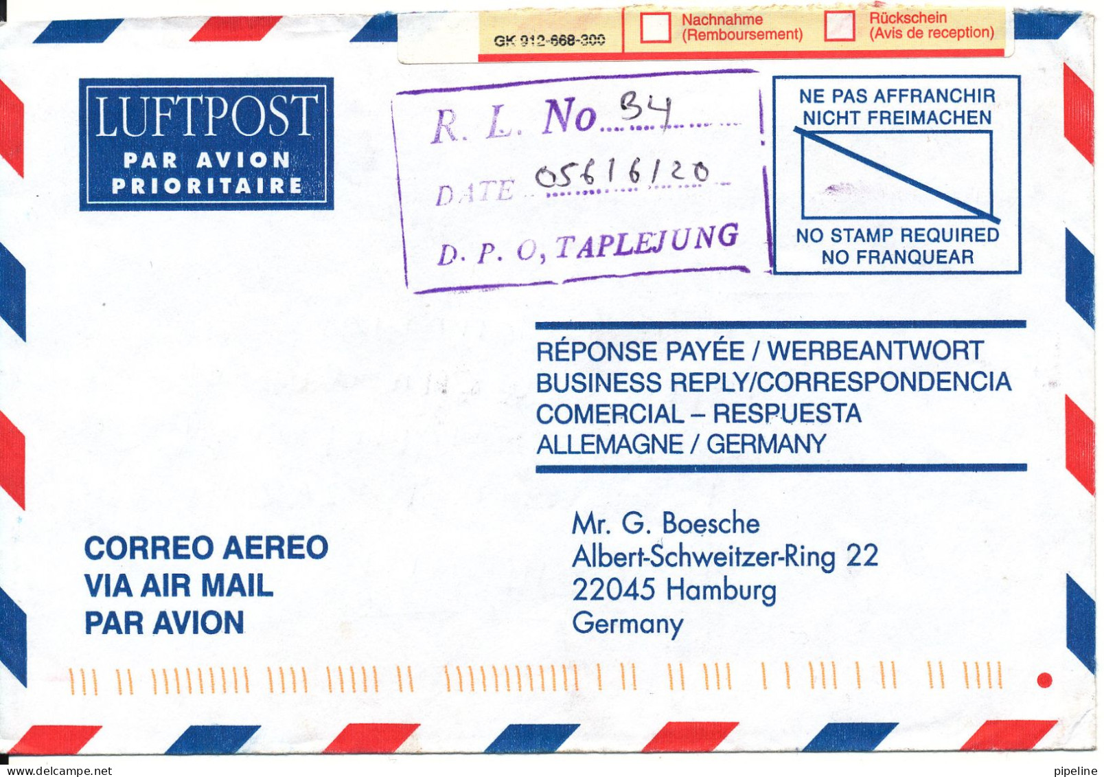 Nepal Registered Air Mail Cover Sent To Germany 1999 Stamps On Backside Of The Cover - Nepal